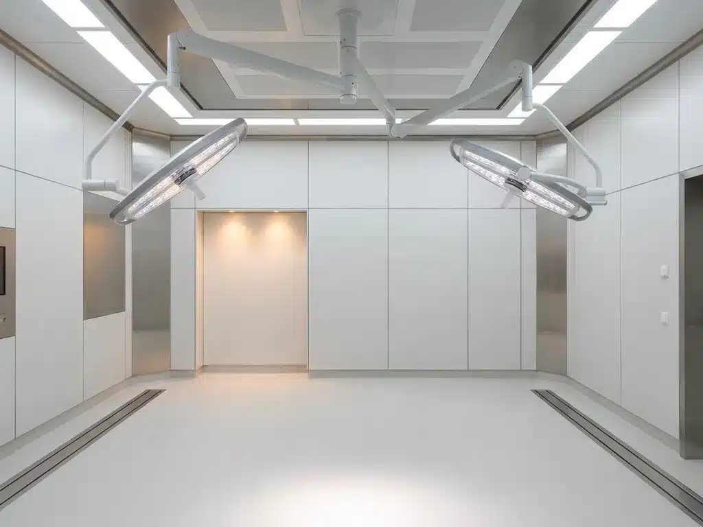 Lege moderne operatiekamer met witte modulaire cleanroomwanden, plafondgemonteerde chirurgische verlichtingsarmen en strakke minimalistische architectuur.