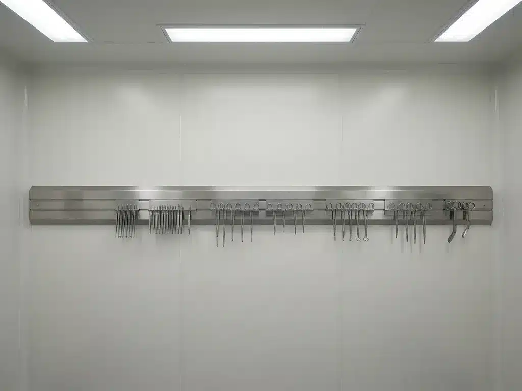Medische DIN-rail op modulaire cleanroom wandpaneel met chirurgische instrumenten in georganiseerde rijen, operatiekamer omgeving.