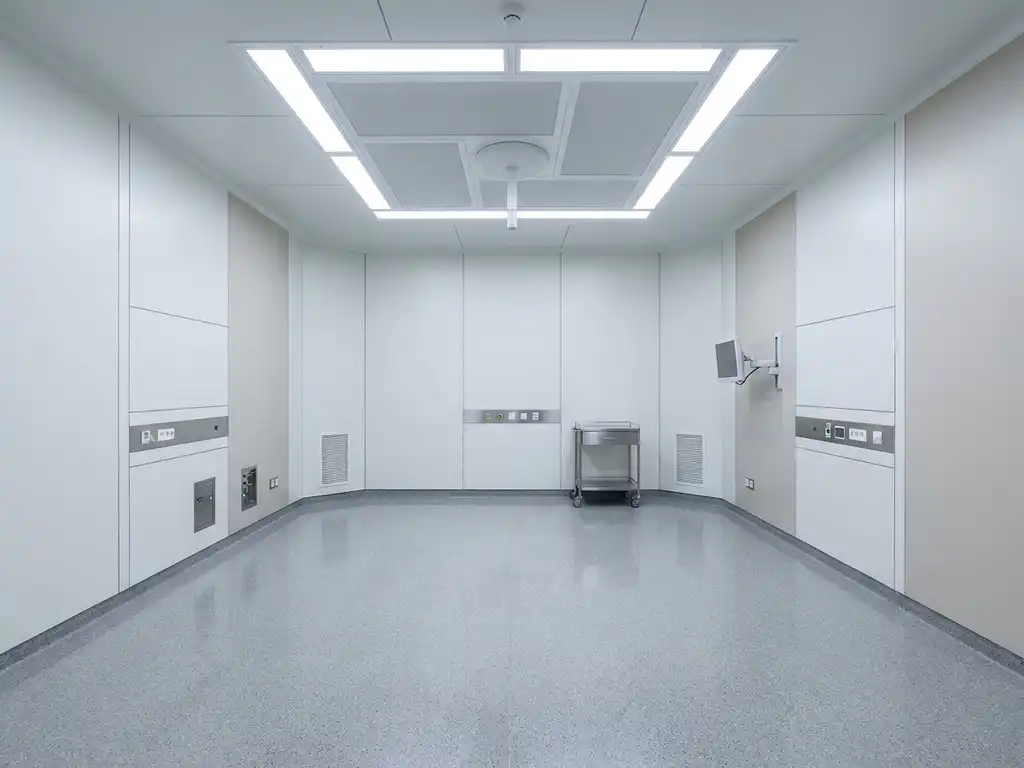 Lege modulaire operatiekamer met naadloze cleanroompanelen, ingebouwde chirurgische plafondlamp en steriele vloer in witte en staalgrijze tinten.