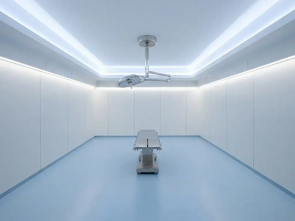 Lege operatiekamer met modulaire cleanroom wandpanelen, roestvrijstalen chirurgische lamp en een strak wit plafond.