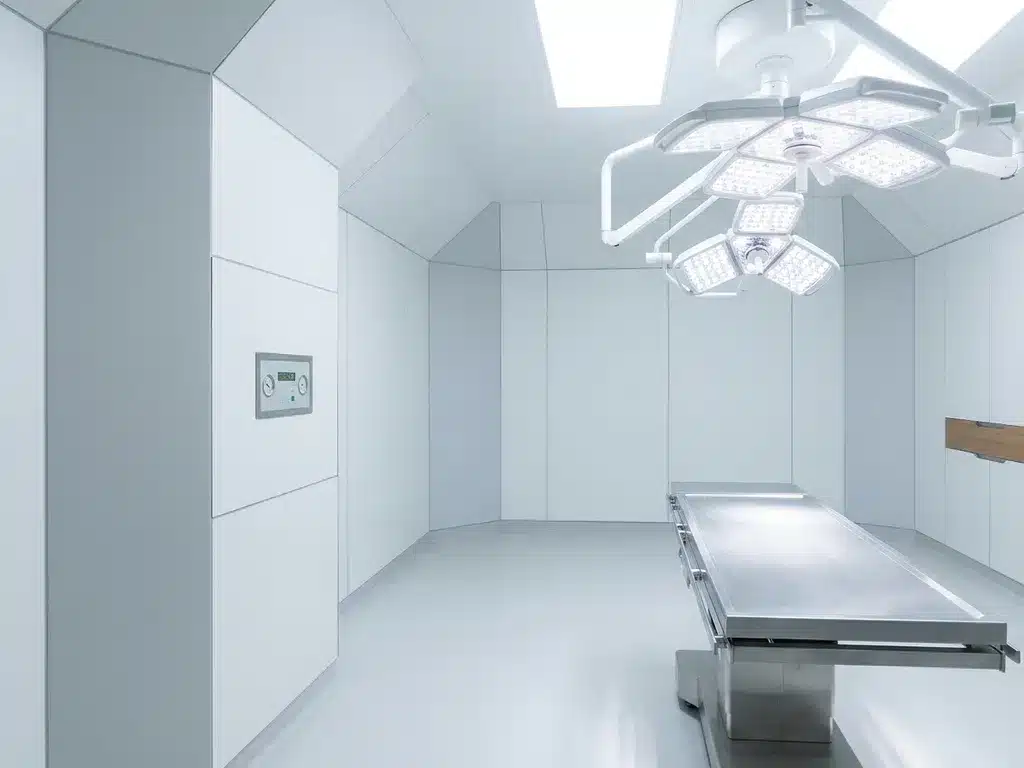 Lege operatiekamer met modulaire cleanroom wandpanelen, chirurgische verlichting en drukverschilmeter op klinisch witte muren.