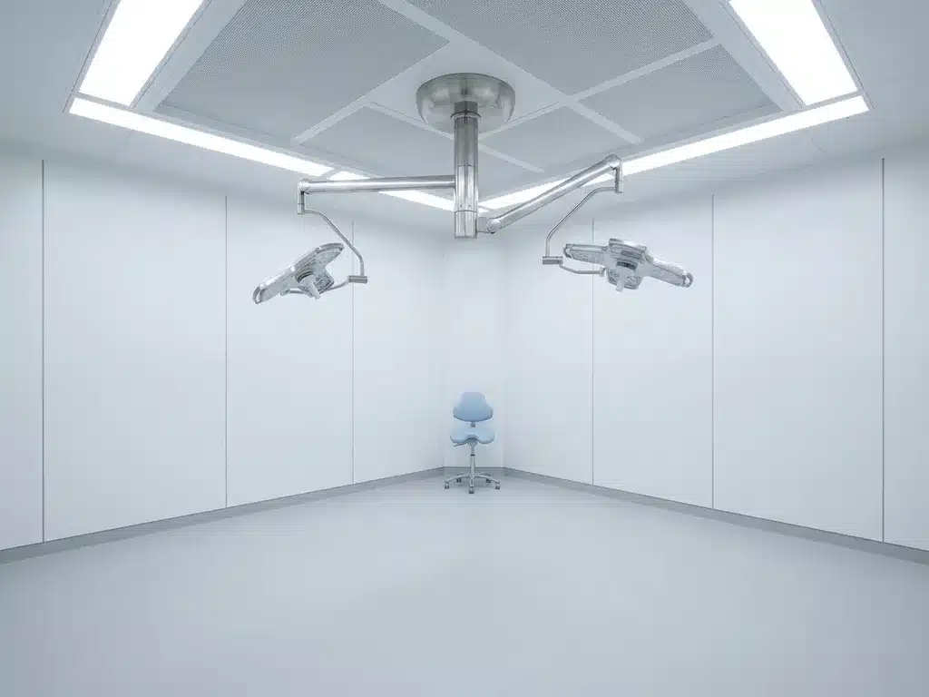 Lege operatiekamer met modulaire cleanroom-wandpanelen, roestvrijstalen chirurgische lamp en schaduwarme inbouwverlichting.