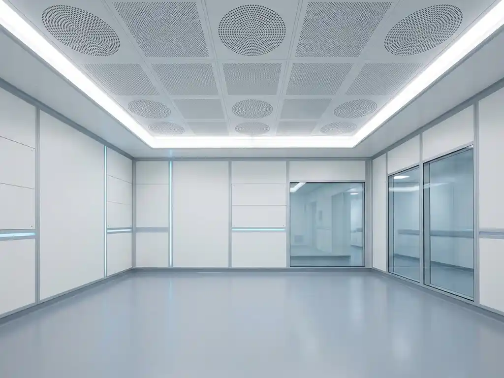 Lege operatiekamer met modulaire cleanroompanelen, plafondventilatoren in rasterpatroon en klinisch witte en staalgrijze tinten.
