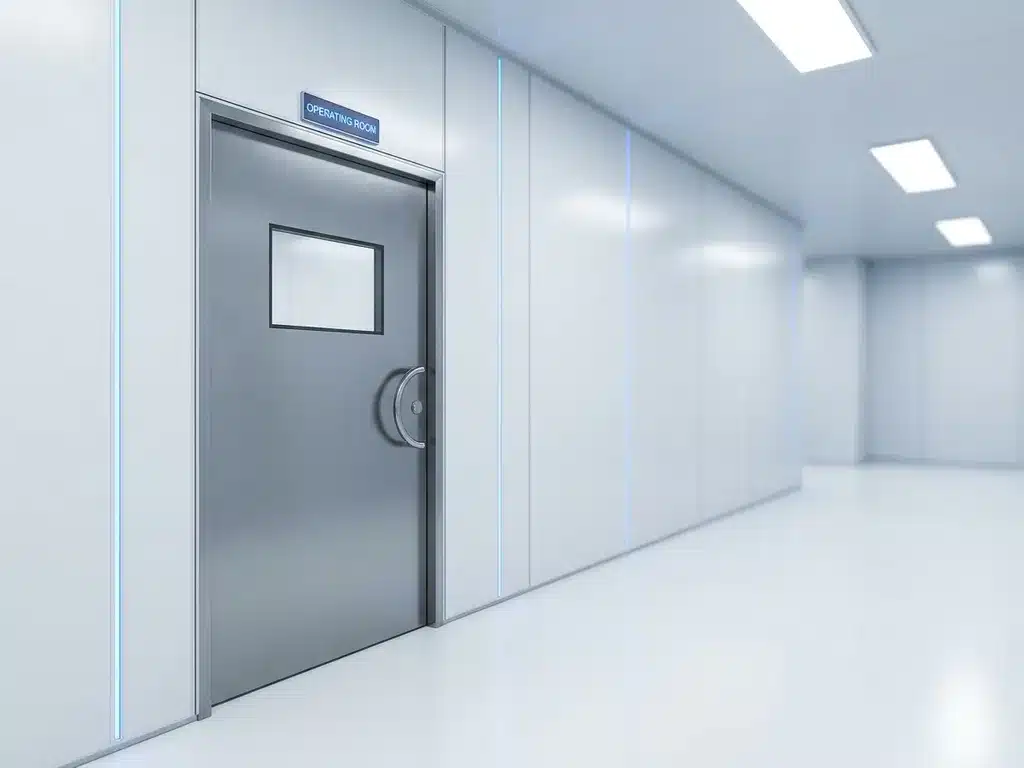 Hermetisch afgesloten operatiekamerdeur in modulair cleanroom wandpaneel, steriele witte corridor met roestvrijstalen accenten.