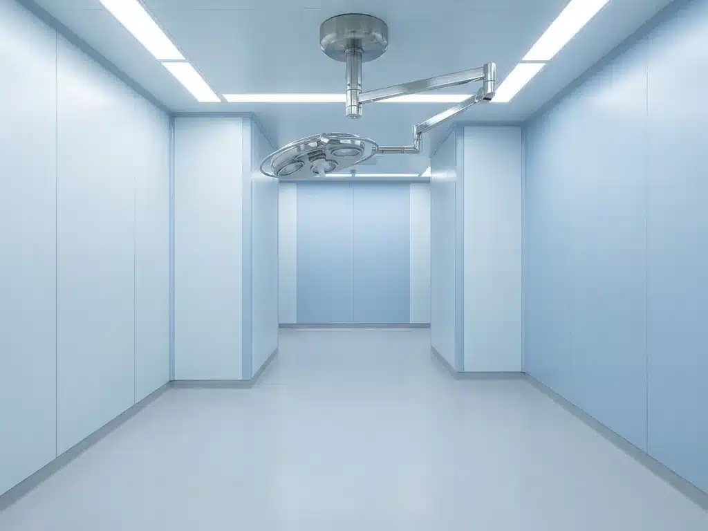 Lege operatiekamer met modulaire cleanroom wandpanelen, roestvrijstalen verlichtingsarm en witte en grijze oppervlakken in klinische sfeer.