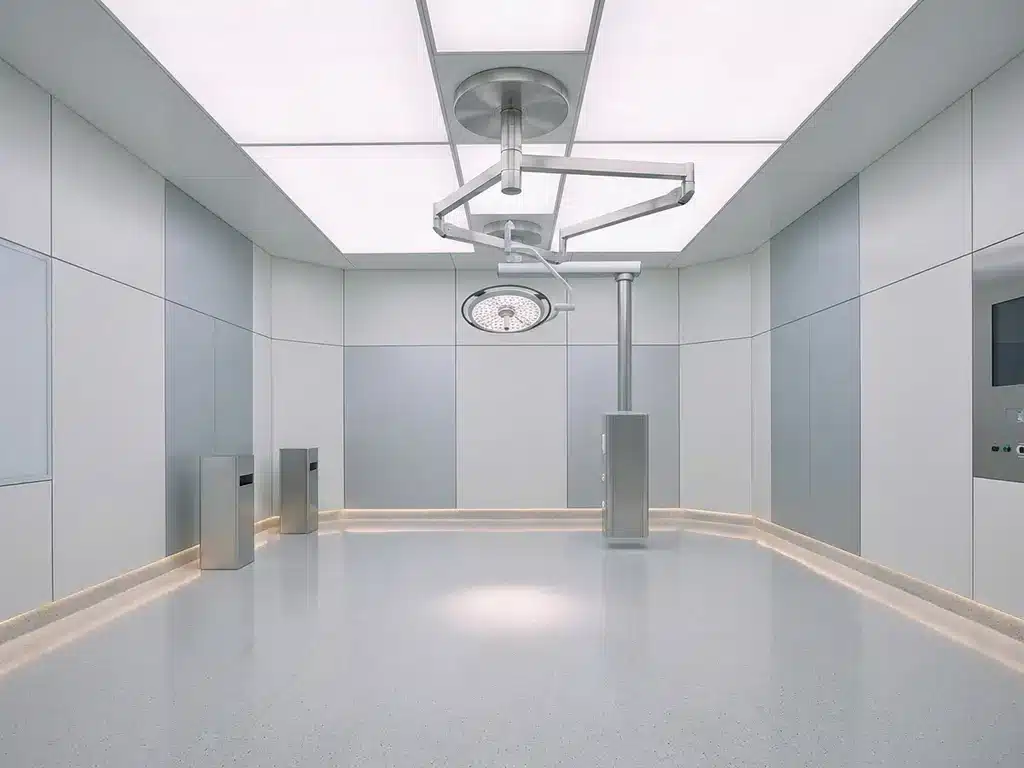 Lege operatiekamer met modulaire cleanroom-wanden, roestvrijstalen verlichtingsarm en gepolijste vloer in klinisch witte tinten.