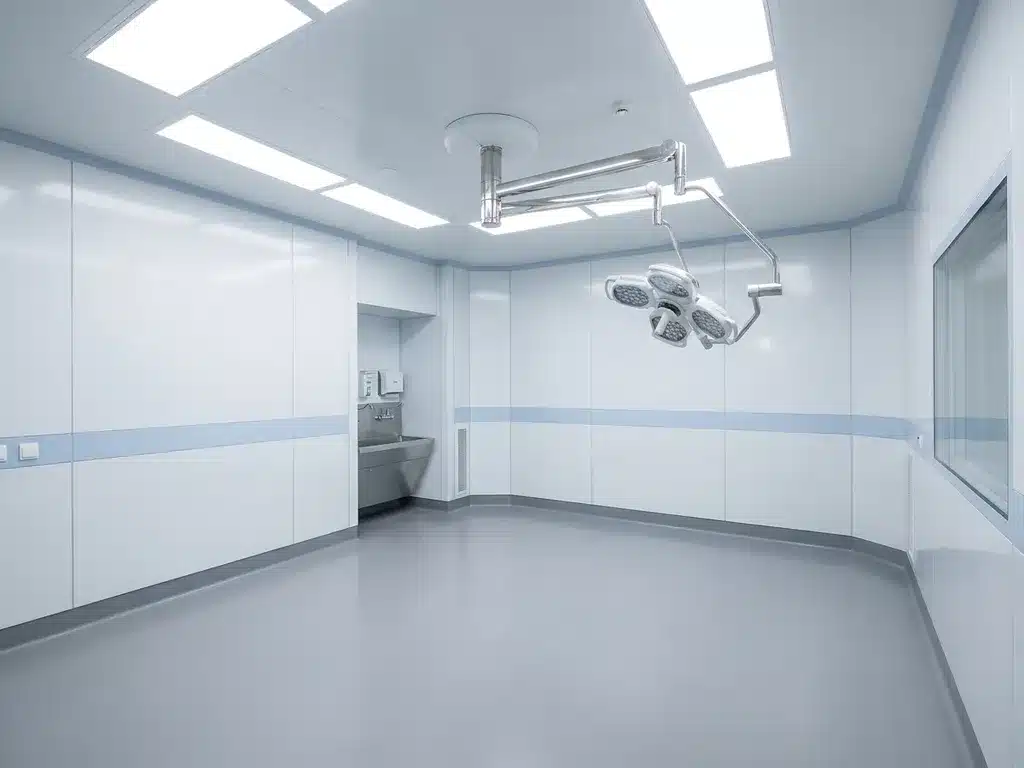 Lege operatiekamer met modulaire cleanroom wandpanelen, roestvrijstalen chirurgische lamp en witte en grijze klinische oppervlakken.
