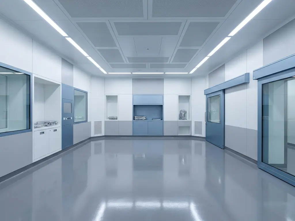 Lege operatiekamer met modulaire cleanroom-wandpanelen, geïntegreerde plafondverlichting en gepolijste vloer in wit, grijs en staalsblauw.