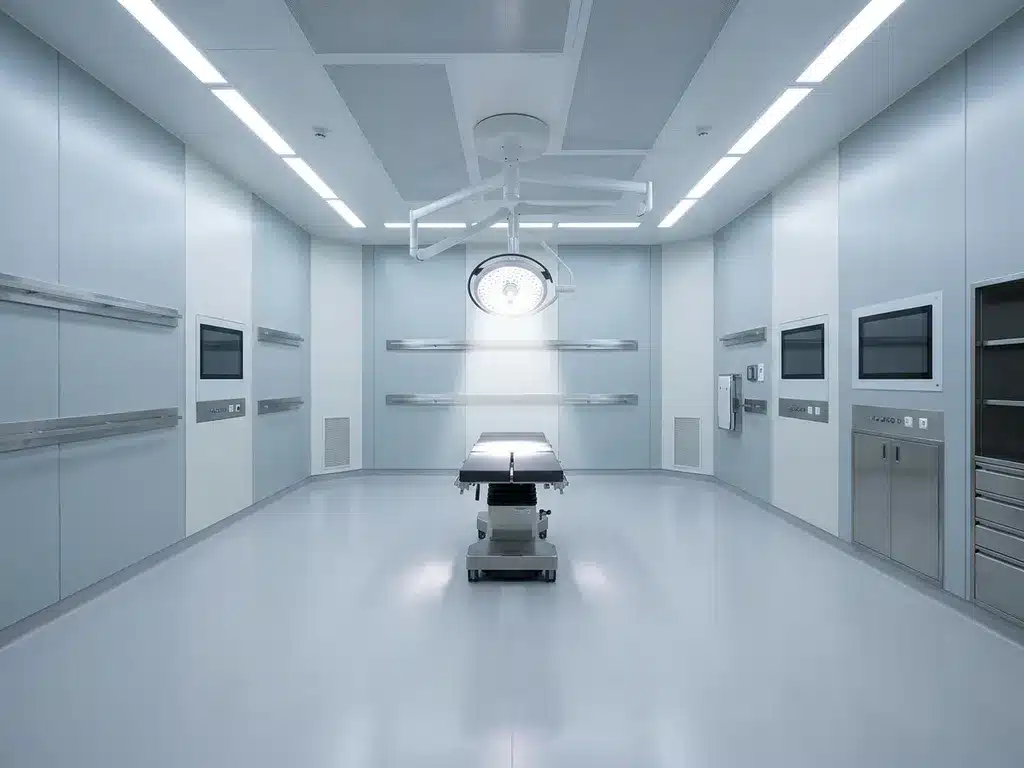 Lege operatiekamer met modulaire wandpanelen, ingebouwde apparatuurrails en chirurgische lamp boven steriele roestvrijstalen werkvloer.