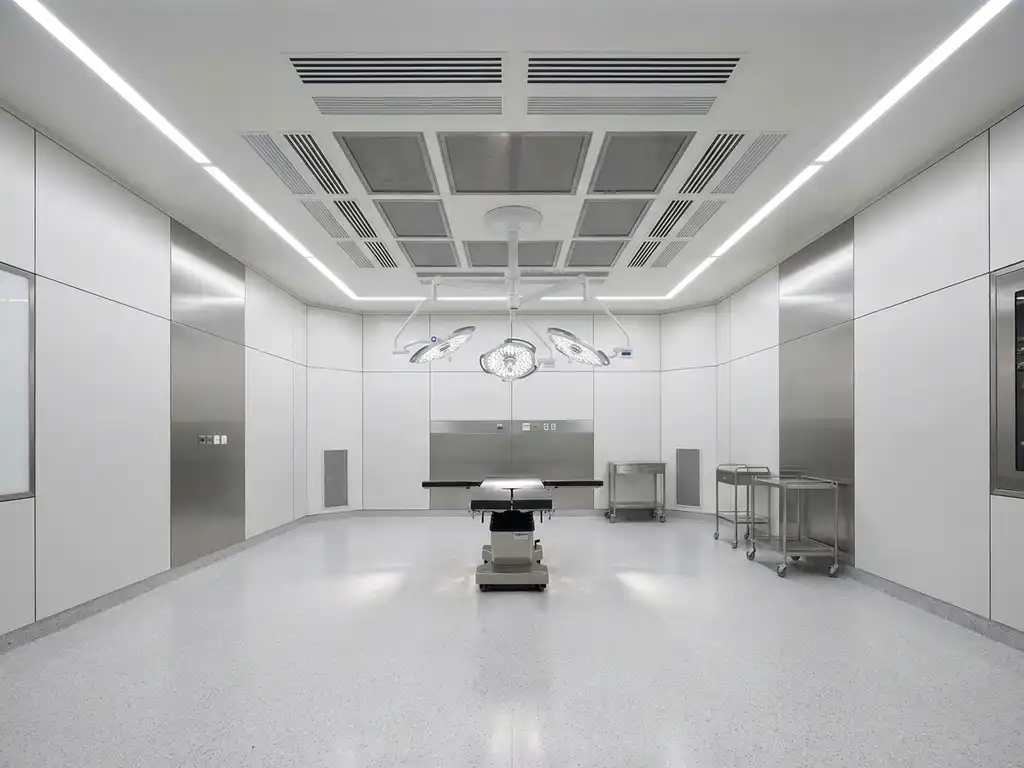 Lege operatiekamer met modulaire cleanroom-wandpanelen, roestvrijstalen accenten en plafondmontage chirurgische verlichting.