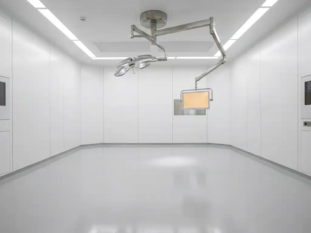 Lege operatiekamer met witte modulaire cleanroompanelen, roestvrijstalen verlichtingsarm en gepolijste epoxyvloer.