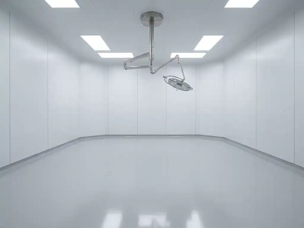 Lege operatiekamer met witte modulaire cleanroompanelen, roestvrijstalen chirurgische lamp en gepolijste vloer.