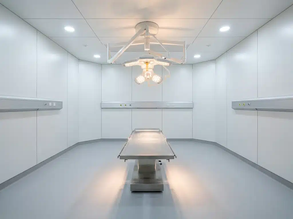 Lege operatiekamer met witte modulaire cleanroomwanden, roestvrijstalen tafel en chirurgische plafondlamp in klinisch witte ruimte.