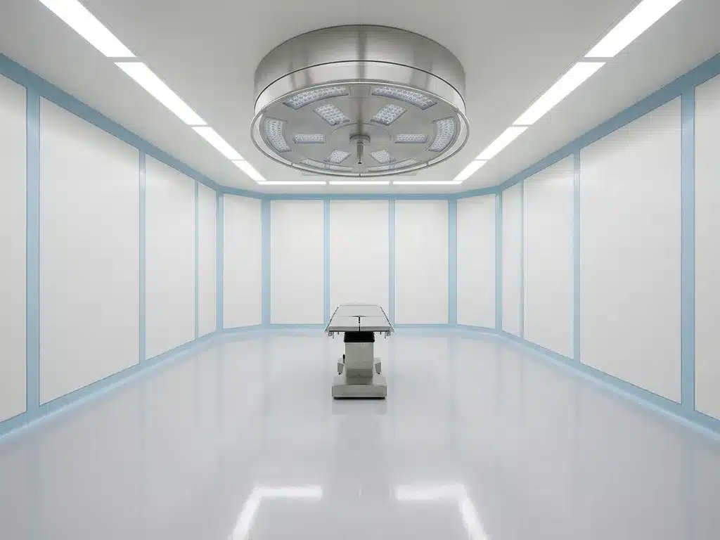 Lege operatiekamer met modulaire cleanroom-wanden, roestvrijstalen chirurgische lamp en gepolijste epoxyvloer in wit, zilver en ijsblauw.