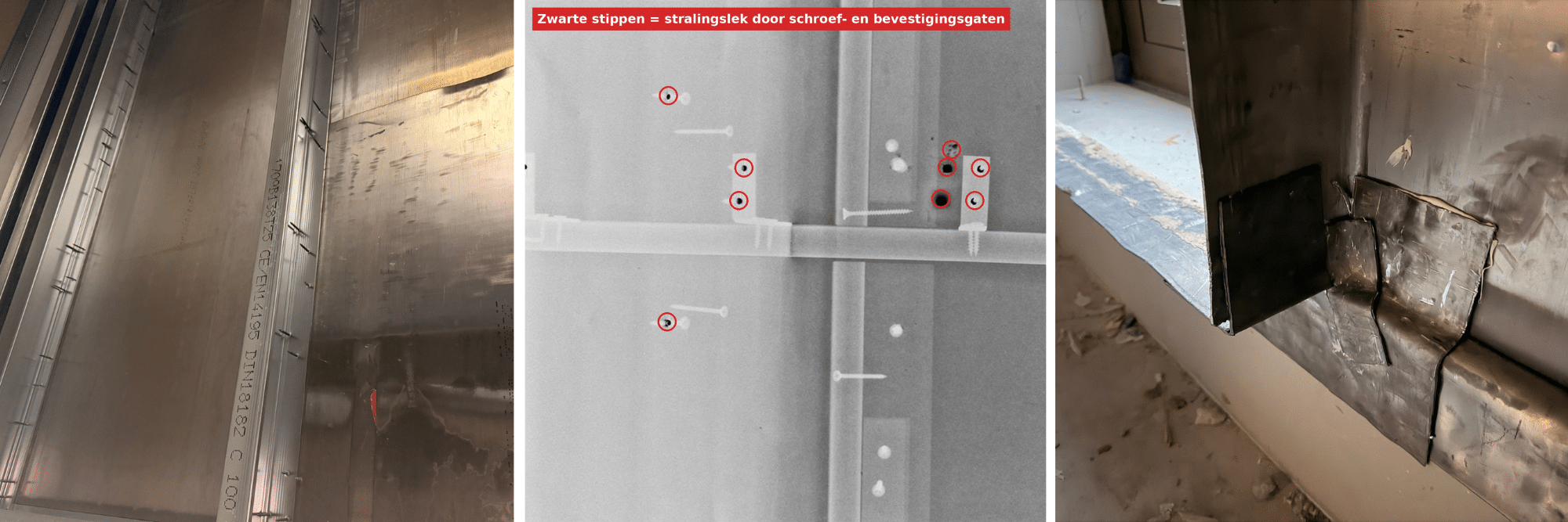 stralingswerende wand van loodgipsplaten op metal-studprofielen, met schroeven door het lood en losse loodstroken op de naden en hoeken